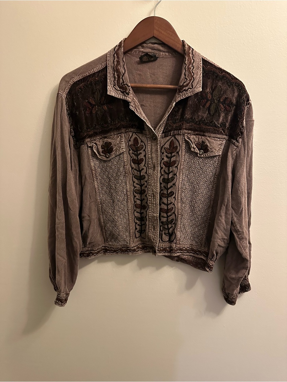 George Dusty Taupe Embroidered Velvet Accent Jean Jacket